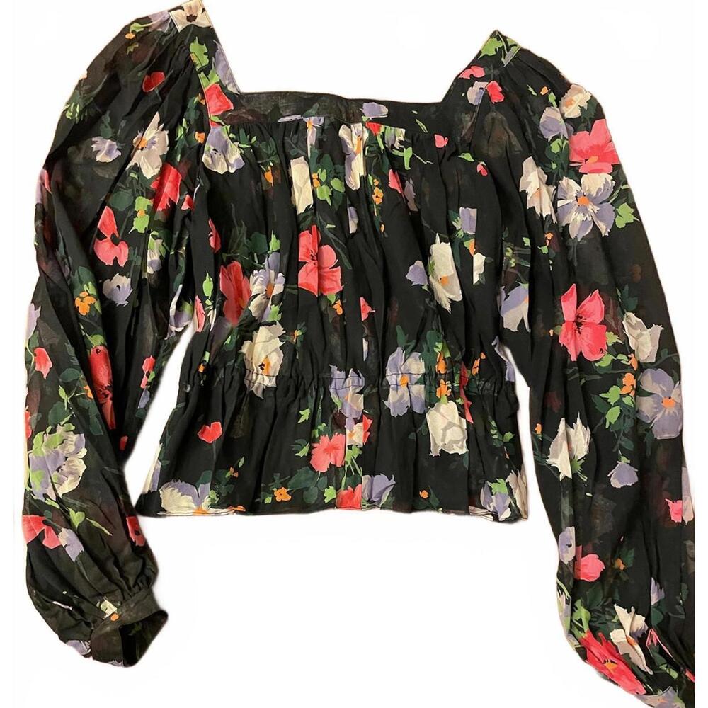 Albert Nipon Black Floral Long Sleeve Blouse XS